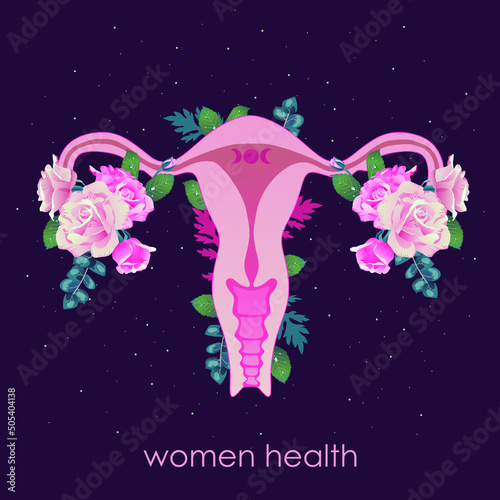 Beautiful female reproductive system with flowers. Feminine gynecology. Vector illustration