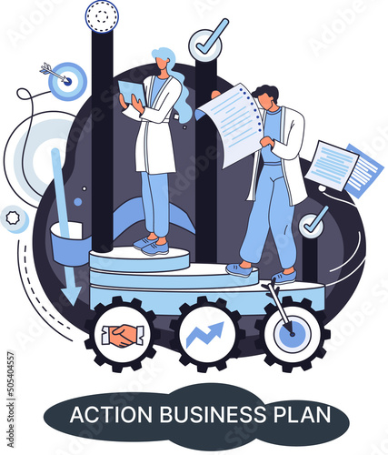 Action business plan, development strategies, foreseeing market risks. Company success secret, idea growing business achieve target metaphor, study production and sales market. Strategic biz planning