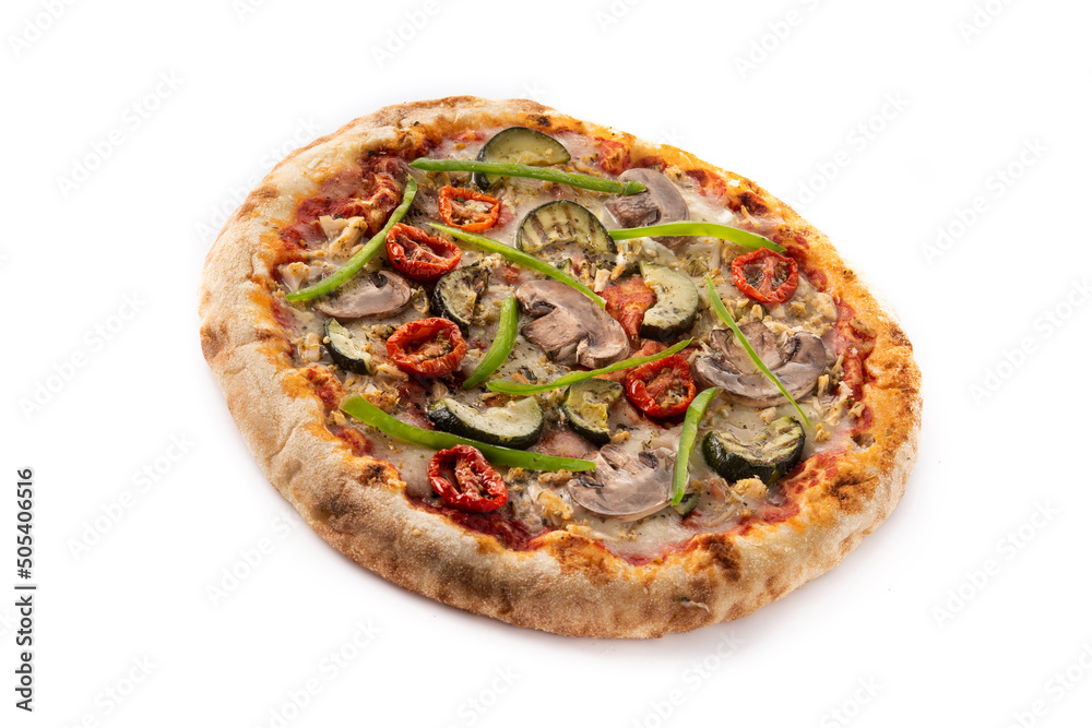 Vegetarian pizza with zucchini, tomato, peppers and mushrooms isolated on white background 