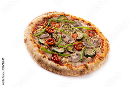 Vegetarian pizza with zucchini, tomato, peppers and mushrooms isolated on white background 