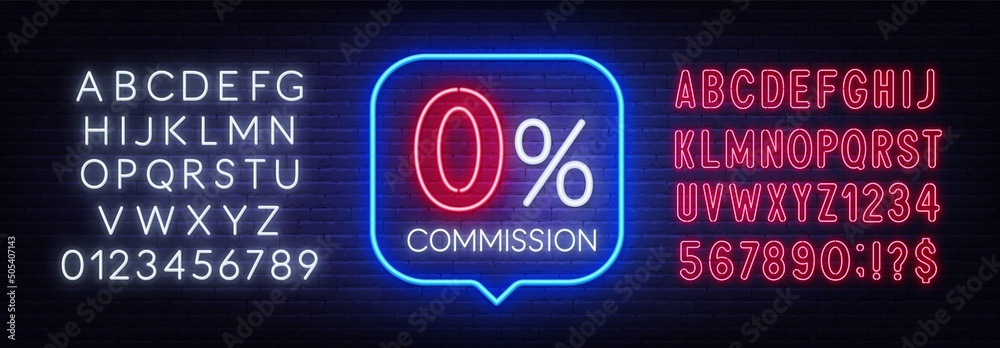 Zero percent commission neon sign in the speech bubble on brick wall background. - obrazy, fototapety, plakaty 