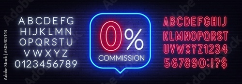 Zero percent commission neon sign in the speech bubble on brick wall background. photo
