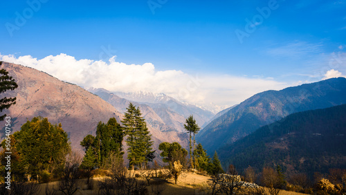 Beautiful view of Mountains of Sainj Valley from Upper Neyhi villege in Himachal Pradesh, India