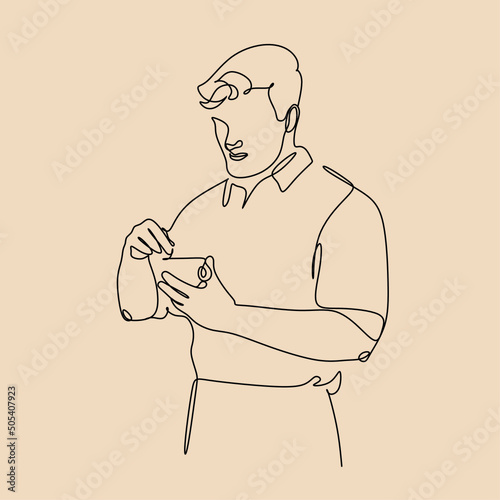 Coffee barista line drawing. minimalist line art of man doing coffee
