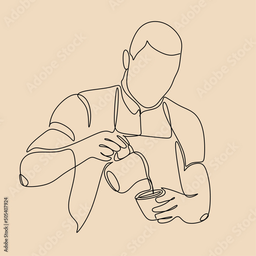 Coffee barista line drawing. minimalist line art of man doing coffee