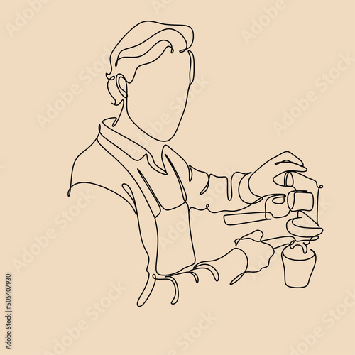 Coffee barista line drawing. minimalist line art of man doing coffee