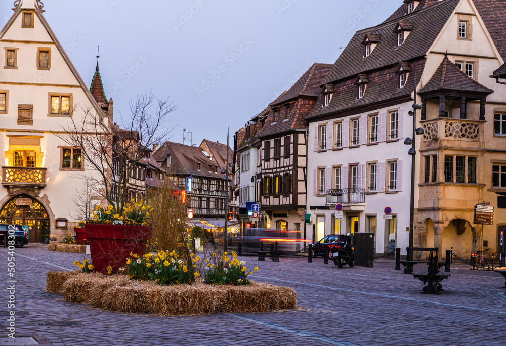 Obernai main square and town hall during spring, Alsace, France