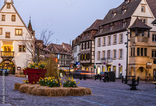 Obernai main square and town hall during spring, Alsace, France photo
