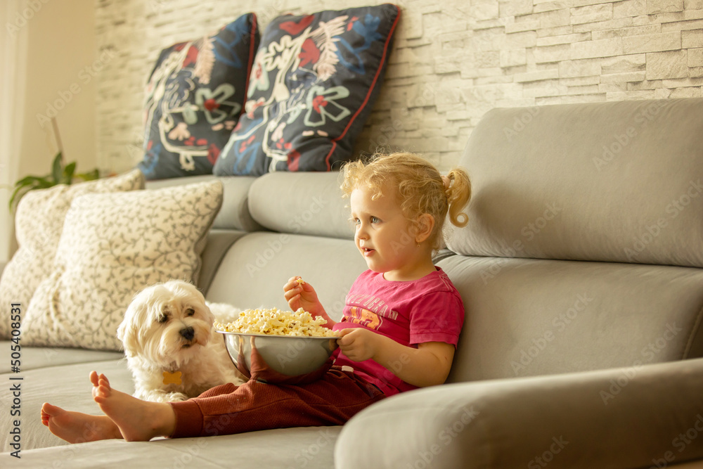 Cute little blond toddler girl, sitting in front of the TV with popcorn, watching movie with her pet dog Cute little blond toddler girl, sitting in front of the TV with popcorn, watching movie with her pet dog