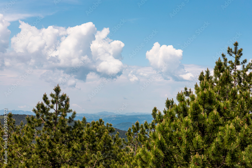 Divcibare mountains in Serbia with amazing sky with white fluffy clouds