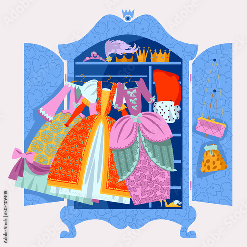 Fairy tale princess’s wardrobe with variety of clothes