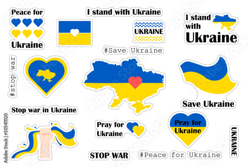 Sticker pack with cut line Peace for Ukraine. Ukraine People Volunteer to Fight Back and Defend Freedom in Ukrainian Flag Themed Illustration.International protest, Stop the war. On white Background