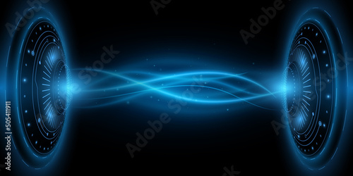 HUD portal with sparkling electrowaves. Light energy. Futuristic, sci fi elements. Electro light effect. Cyber space. Digital technology background. Vector illustration