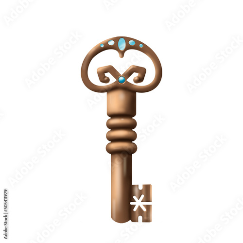Isolated realistic images of vintage keys in the style of gold and bronze color with diamonds and decorative patterns