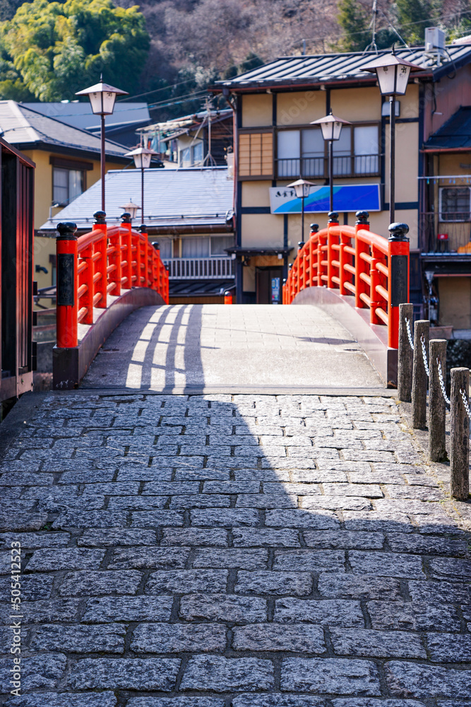 Fototapeta premium 小駄良川に架かる清水橋から郡上八幡の町並み（岐阜県郡上市）