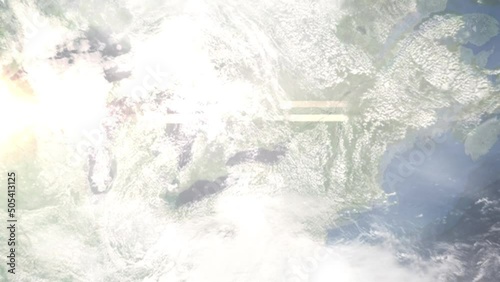 Earth zoom in from outer space to city. Zooming on Peterborough, Ontario, Canada. The animation continues by zoom out through clouds and atmosphere into space. Images from NASA photo