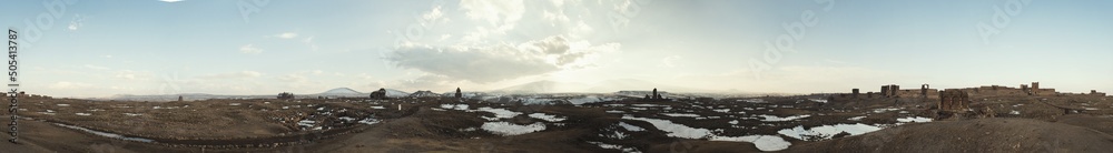 Fototapeta premium 360 Degree panoramic shot of Ani Ancient city with some snow in winter.