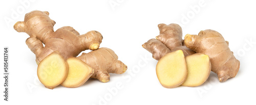 Close up, Fresh ginger rhizome and sliced isolated on white background, collection