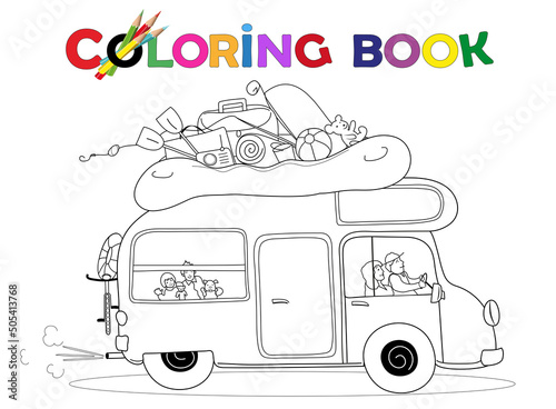 Malvorlage Familie fährt mit dem Wohnmobil in Sommerurlaub, 
Badeurlaub, Coloring Book, 
Vektor Illustration isoliert auf weiß

