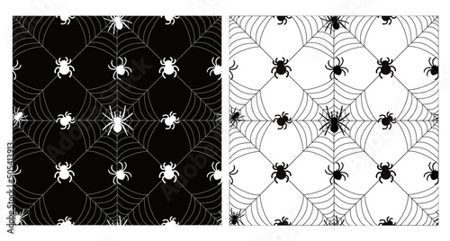 Seamless geometric patterns with spiders and cobwebs. monochrome pattern