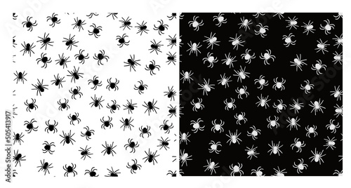 Two seamless patterns with spiders. Monochrome pattern