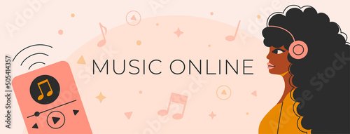 Afro woman with earphones listening to a music online. Promo banner for Podcast, Streaming, Online show, blogging, radio broadcasting. headphones. Vector illustration for poster, advertising.