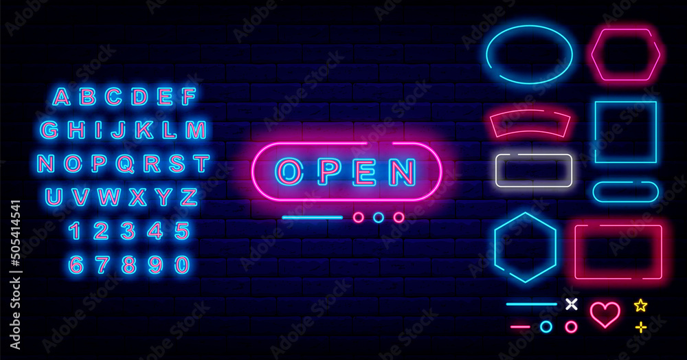 Open neon sign. Welcome emblems for shop, cafe and bar. Shiny blue alphabet. Vector stock illustration Open neon sign. Welcome emblems for shop, cafe and bar. Shiny blue alphabet. Vector stock illustration