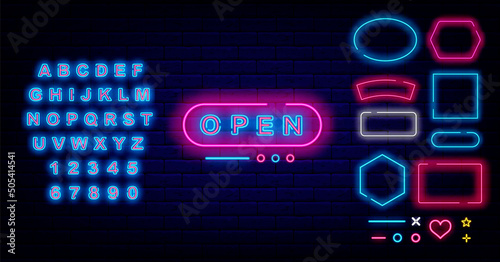 Open neon sign. Welcome emblems for shop, cafe and bar. Shiny blue alphabet. Vector stock illustration
