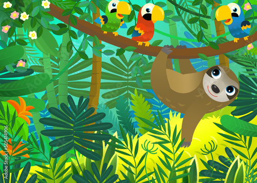 Fototapeta Naklejka Na Ścianę i Meble -  cartoon scene with jungle animals together illustration