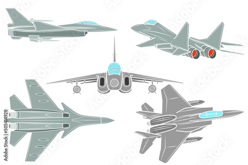 Set of combat army fighter on a white background. Vector illustration.