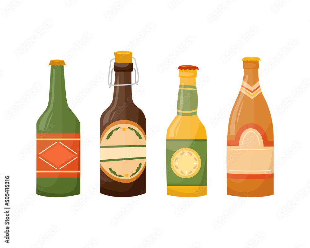Vector set of illustrations of beer bottles. Alcoholic beverages. Vector set of illustrations of beer bottles. Alcoholic beverages.