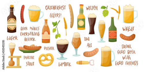 Vector beer set with beer mugs, bottles, German sausages and pretzels. Alcoholic beverages.