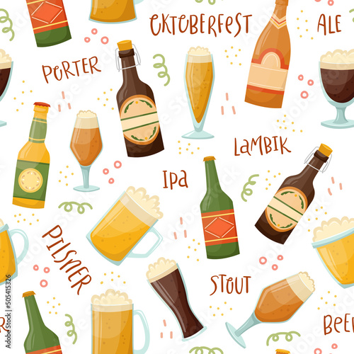 Vector seamless pattern with beer mugs, bottles and beer lettering. Alcoholic beverages.
