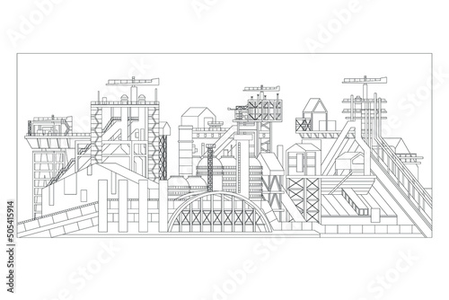 Vector outline sketch of a manufacturing industrial plant or factory