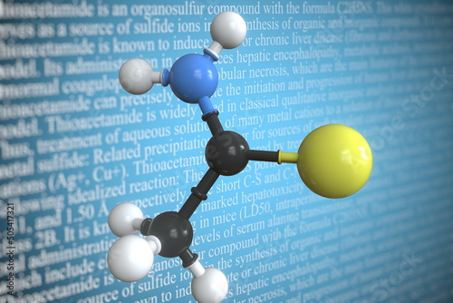 Molecular model of thioacetamide, 3D rendering photo