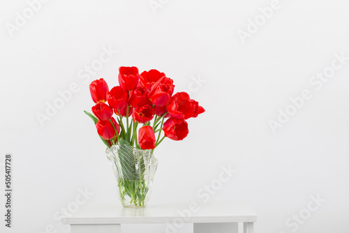 red tulips in glass vase on background white wall