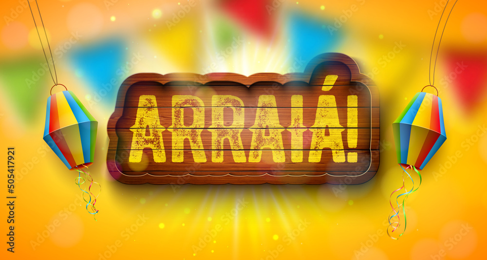 Festa Junina Illustration with Portugal Arraia Lettering on Vintage Wood Board on Yellow Background. Vector Brazil June Sao Joao Festival Design with Party Flags and Paper Lantern for Greeting Card