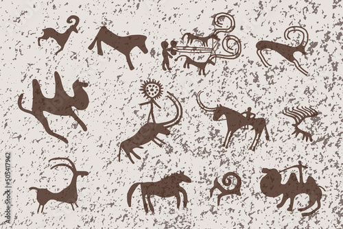 A series of petroglyphs, rock paintings of Central Asia (Kazakhstan), vector design