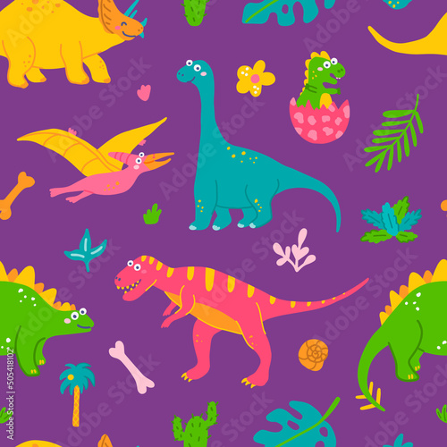 Cute dinosaurs and tropical plants  childrens colorful print for fabric  postcards. Vector seamless pattern