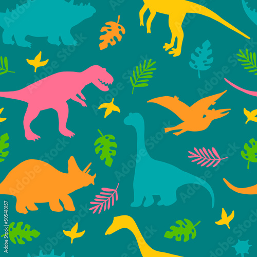 Silhouettes of dinosaurs and tropical plants  childrens colorful print for fabric  postcards. Vector seamless pattern