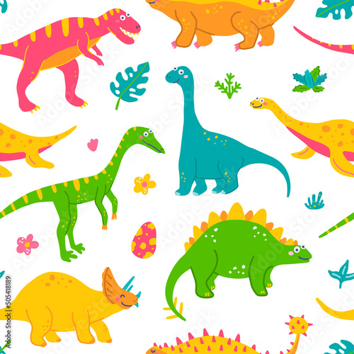 Fototapeta Naklejka Na Ścianę i Meble -  Funny dinosaurs and tropical plants, childrens colorful print for fabric, postcards. Vector seamless pattern