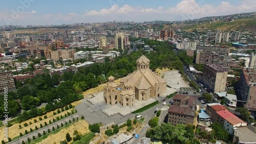 Aerial shot Saint Gregory the Illuminator Cathedral. Also known as the Yerevan Cathedral is the largest cathedral of the Armenian Apostolic Church. Drone slowly move to church. photo