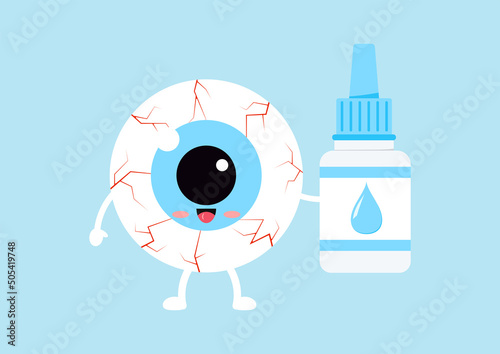 Cute tired eyeball with eye drop liquid bottle isolated on background. Kawaii eye character with red capillaries and irritated dropper. Flat design cartoon style vector illustration.