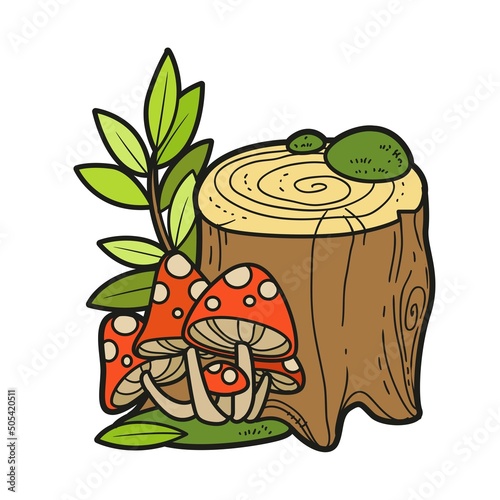 Little stump with with fly agaric, moss and tree sprout color variation for coloring page isolated on white background