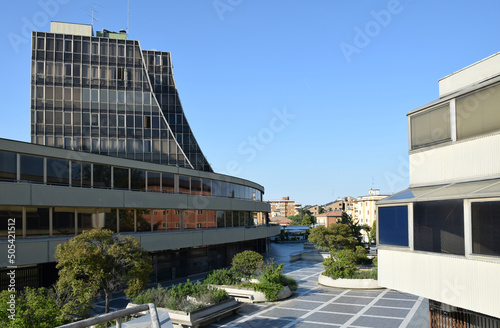Direzionale 70, commercial complex in the city of Modena. 70's Vintage buildings architecture. Italy