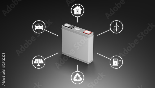 Smart Battery pack for renewable green energy industry. 3d rendering high capacity energy storage technology for clean power tech, wind turbine, solar plant, electric vehicle and house