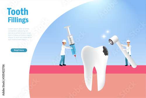 Dental tooth fillings, oral medicle health care Dentists injecting anaesthetic, drilling decay tooth to fill patient dent Dental treatment and stomatology.