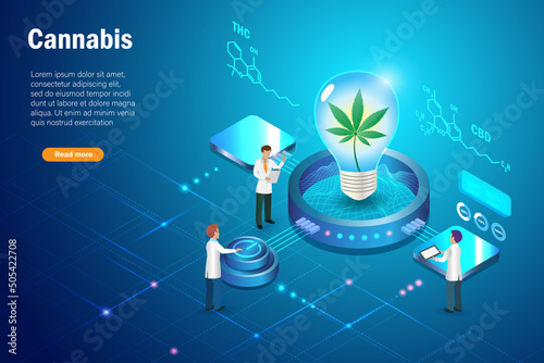 Cannabis, marijuana alternative medicine in research and development process. Scientist experiment cannabis leaves in lightbulb machine . Alternative herbal medicine with innovation tehcnology.