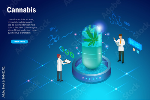 Cannabis, marijuana alternative medicine in research and development process. Scientist experiment cannabis leaves in lightbulb machine . Alternative herbal medicine with innovation tehcnology.