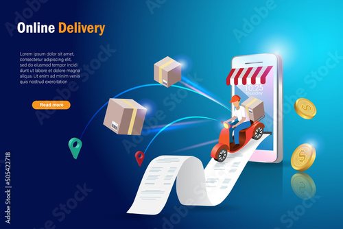Online delivery service. Delivery man riding scooter with carton box and payment bill from smartphone. Online shopping and order delivery concept.